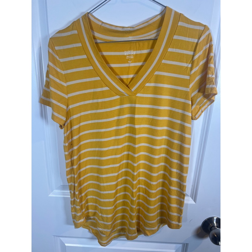 Market & Spruce Womens T-Shirt Striped V-Neck Yellow Size S